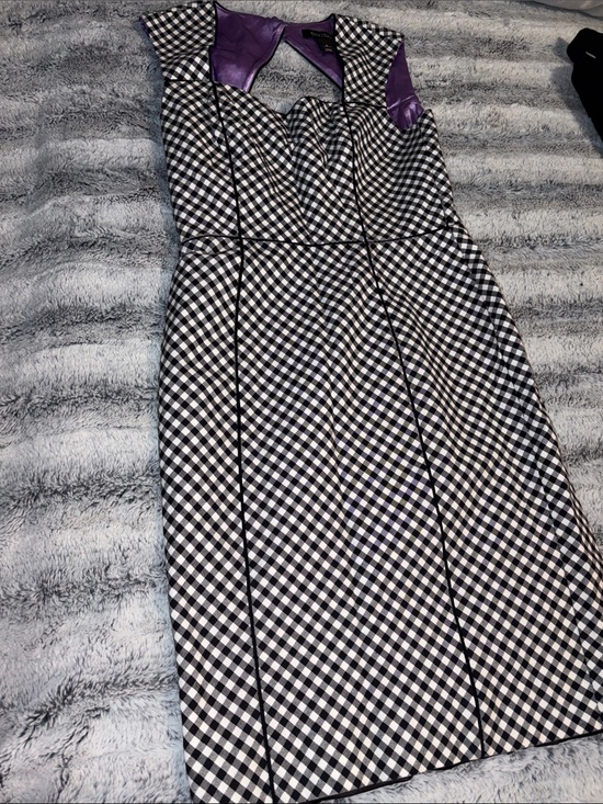 White House Black Market Dresses & Skirts - White House Black Market Black-and-White Gingham Dress with Purple Trim